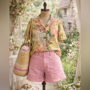 Vintage 1990s Botanical Hawaiian Style, Rayon Short Sleeve Button Down, Blouse